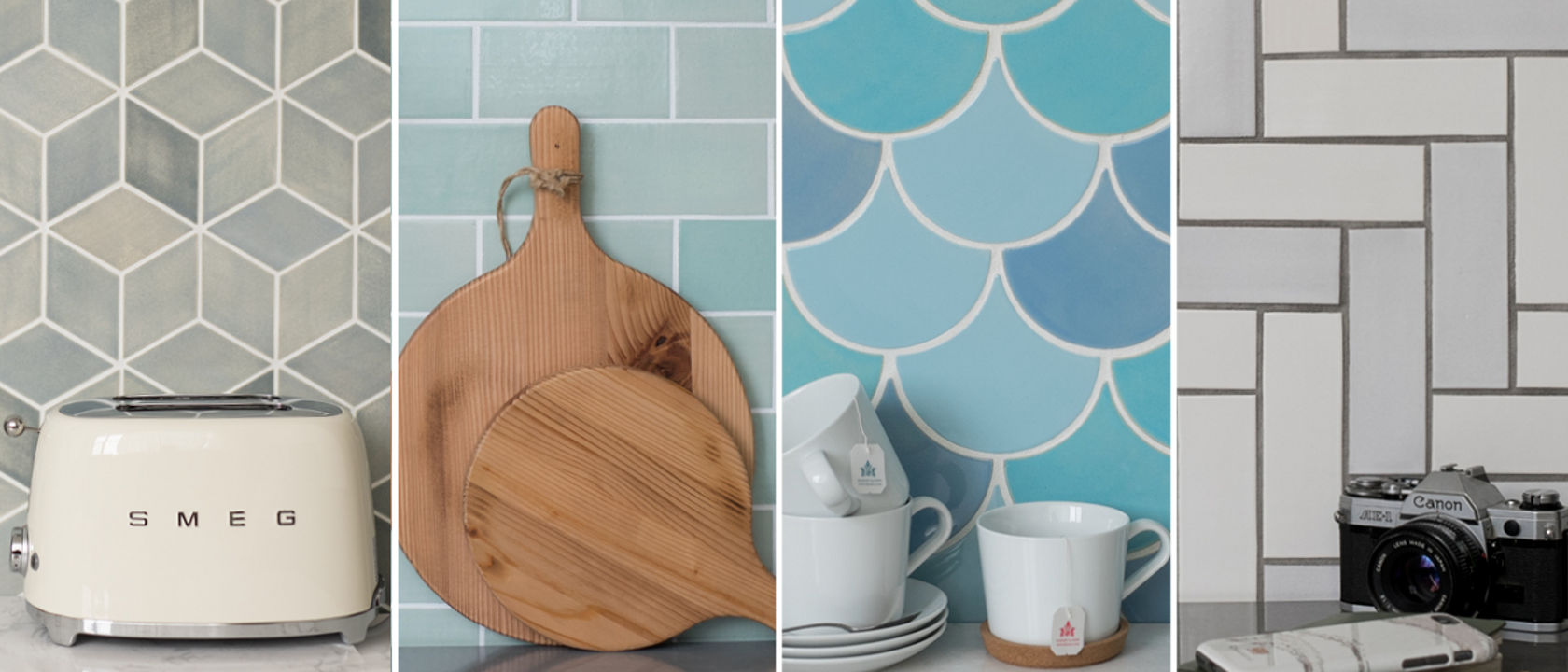 Cambria Natural Stone Countertops paired with a hand-painted tile backsplash from Mercury Mosaics.