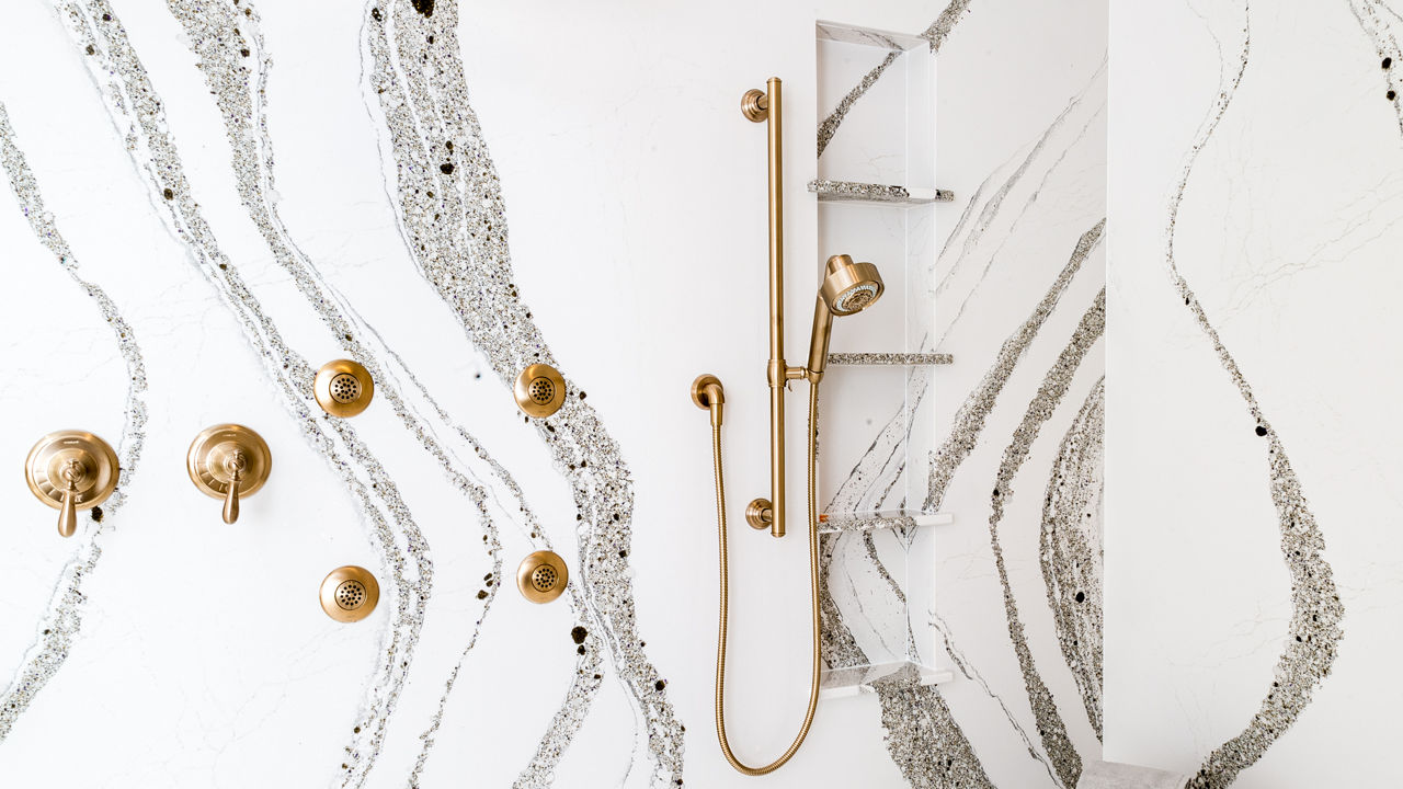 Interior view of shower with Cambria Annicca quartz shower walls