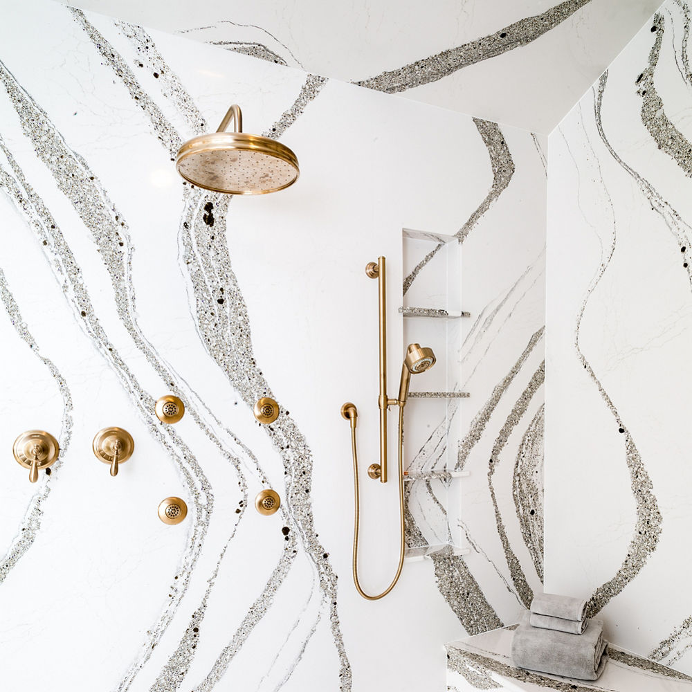 Interior view of shower with Cambria Annicca quartz shower walls