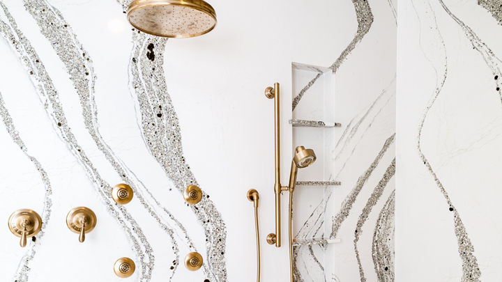 Interior view of shower with Cambria Annicca quartz shower walls