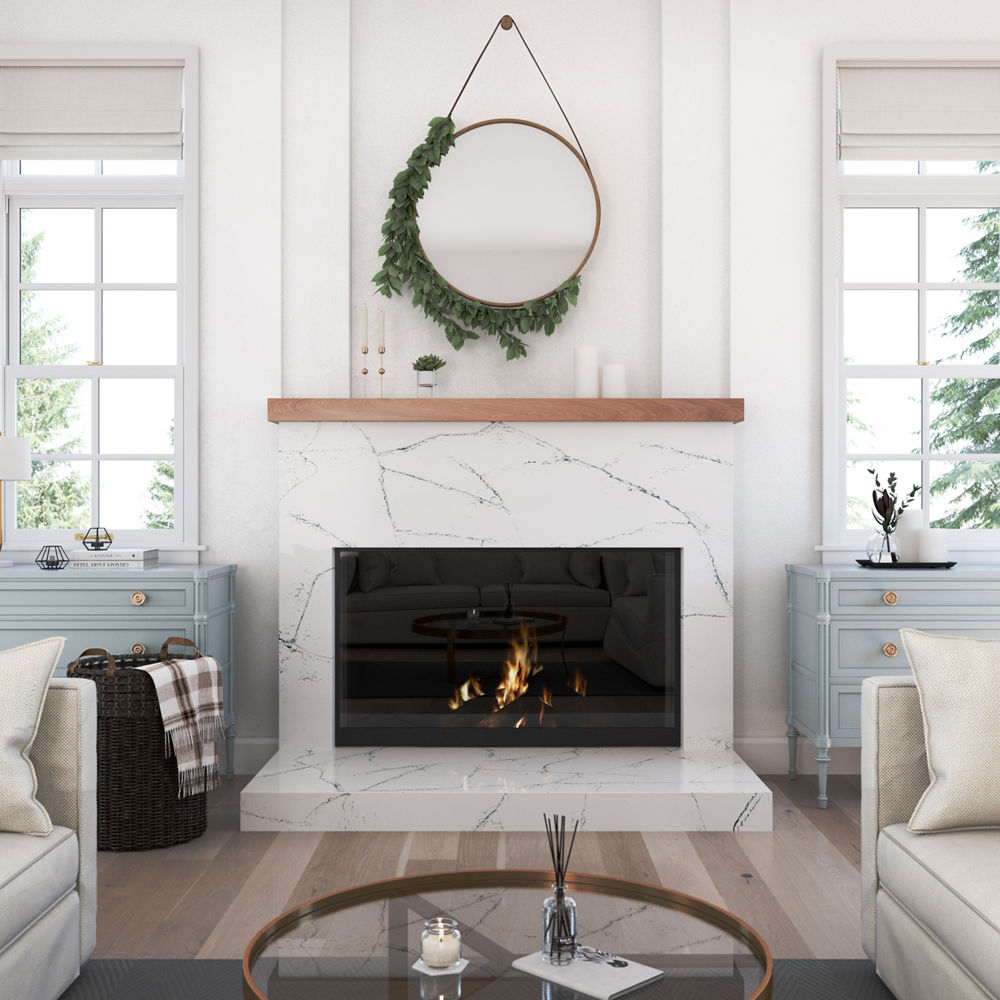 A cozy living room design highlighted by a Cambria Archdale quartz fireplace