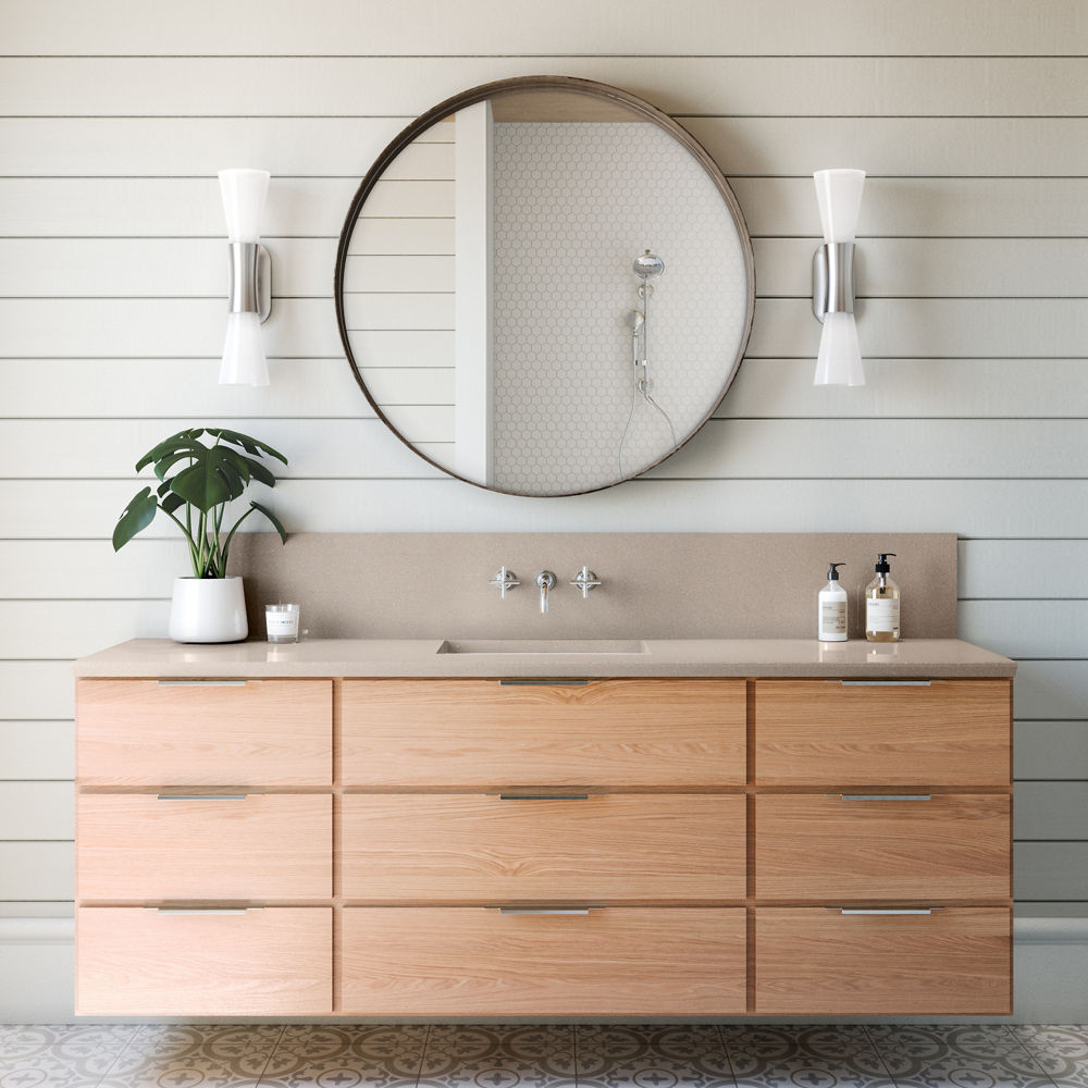 a bathroom with a floating vanity, beige quartz countertops, a circular mirror, two wall lights, and shiplap walls.