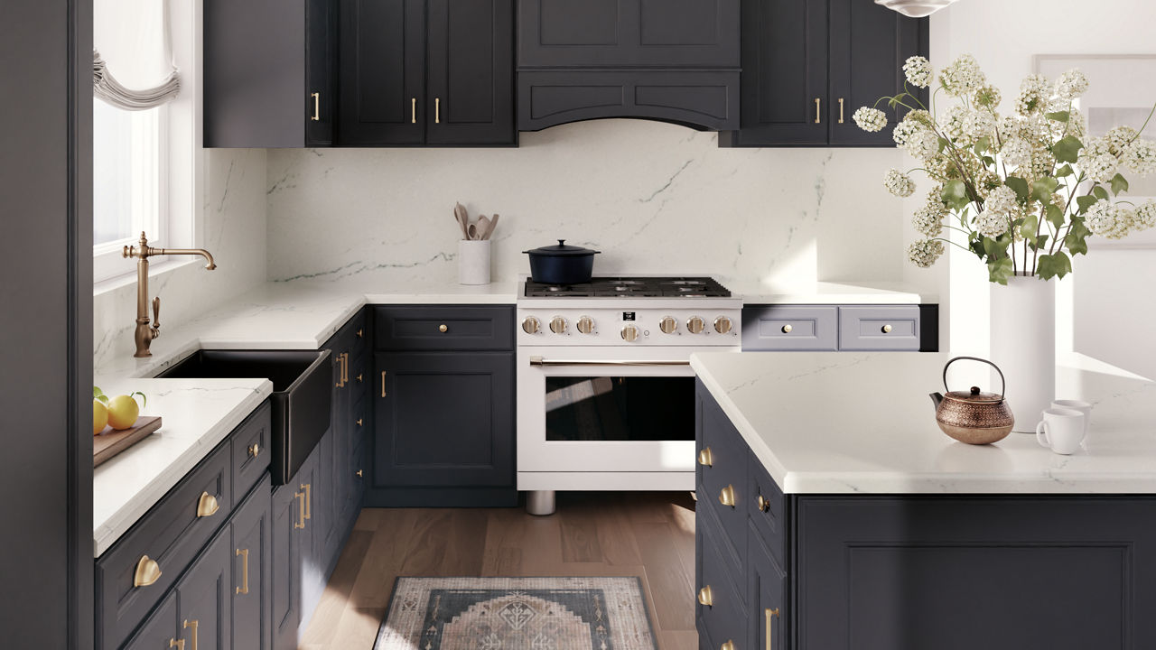 a gorgeous traditional-modern kitchen with matte black cabinets, white quartz countertops, a matching center island, white quartz backsplash, and black farmhouse sink