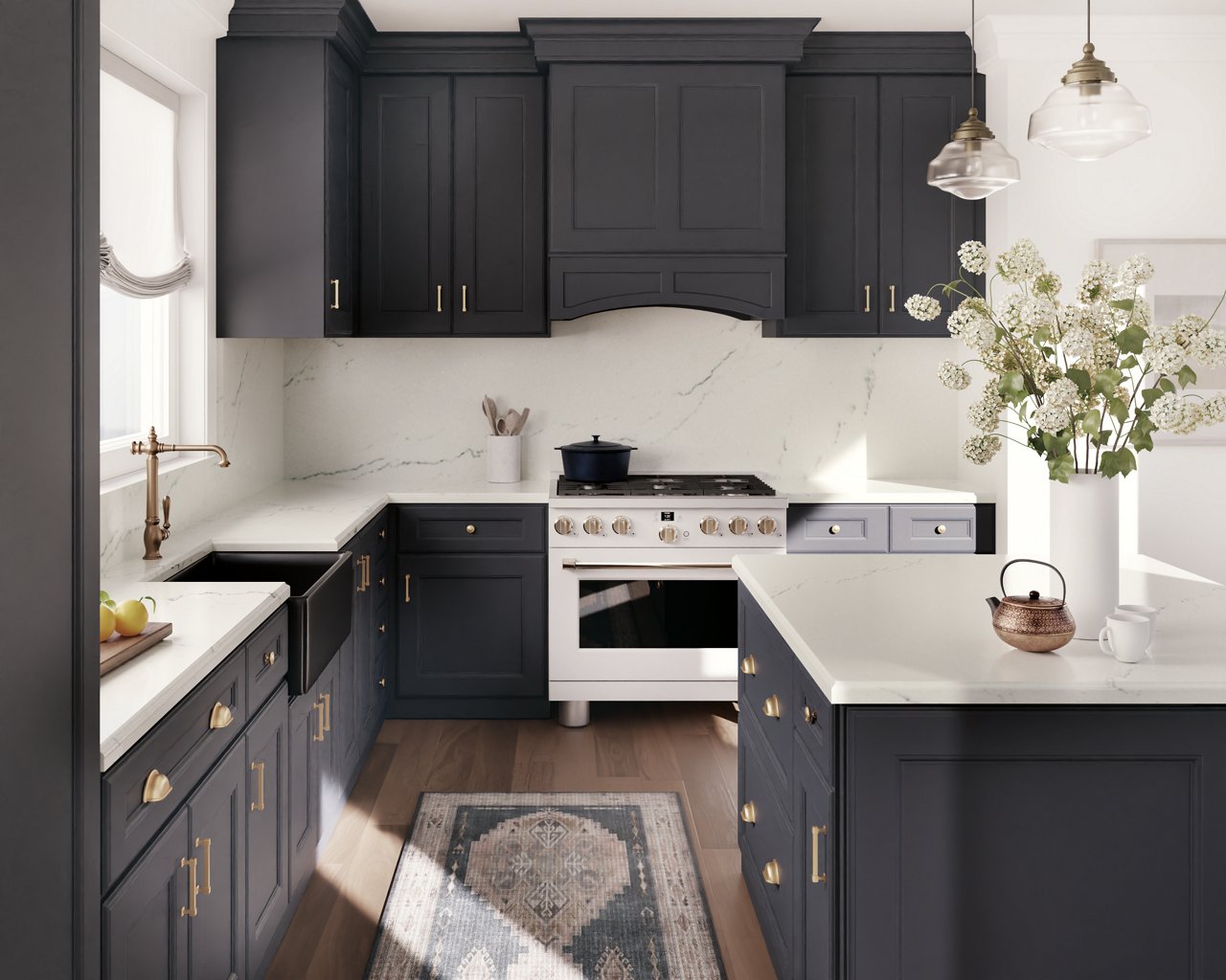 a gorgeous traditional-modern kitchen with matte black cabinets, white quartz countertops, a matching center island, white quartz backsplash, and black farmhouse sink