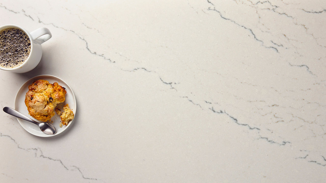 a close up view of Cambria's Beckington™ quartz countertops.