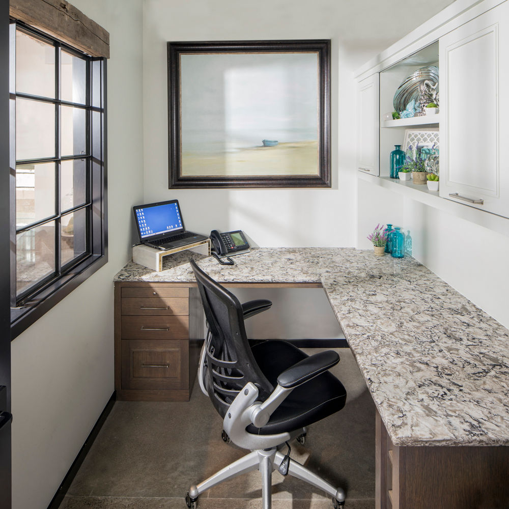 A stylish corner office concept with L-shaped Cambria Bellingham quartz desktop