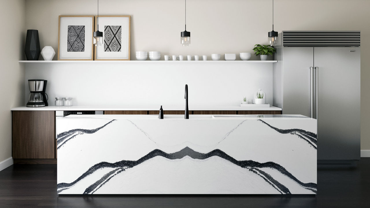 Cambria Bentley quartz bookmatched kitchen island