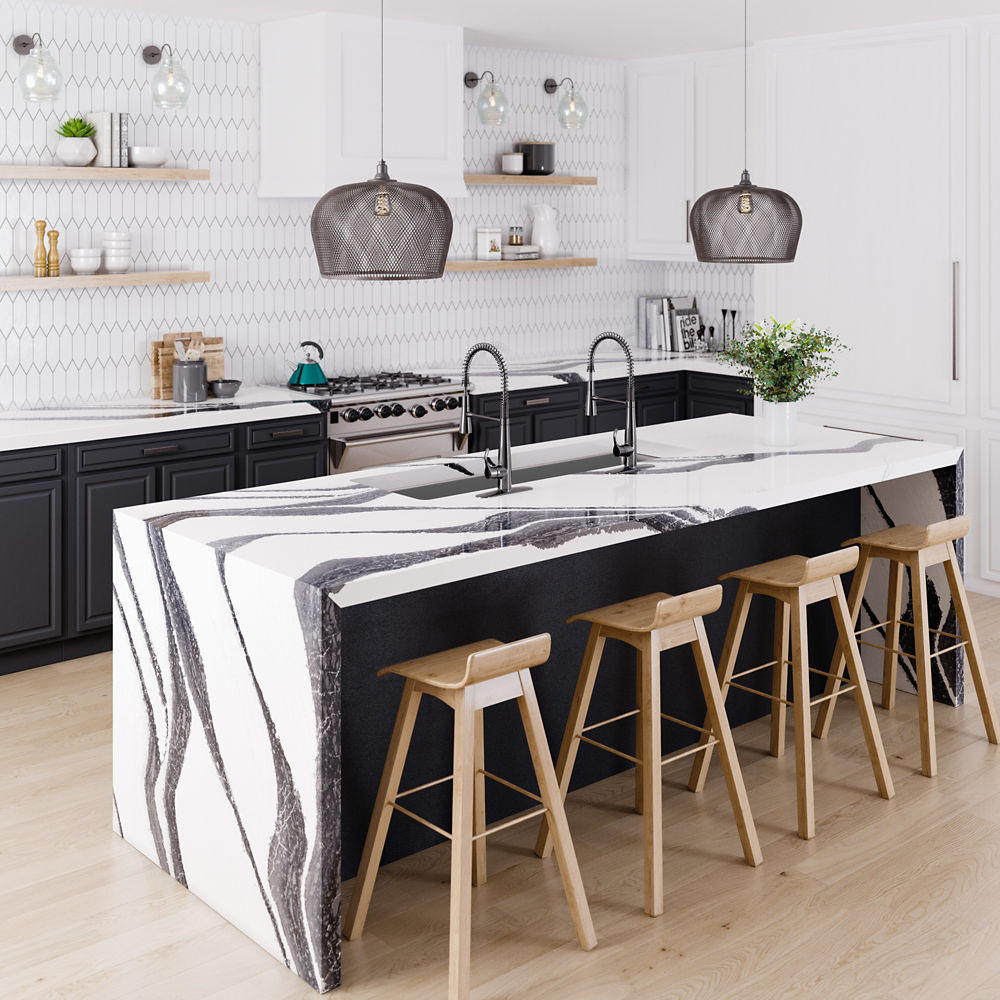 Modern kitchen featuring a counter and island with Cambria Bentley quartz countertops and siding.