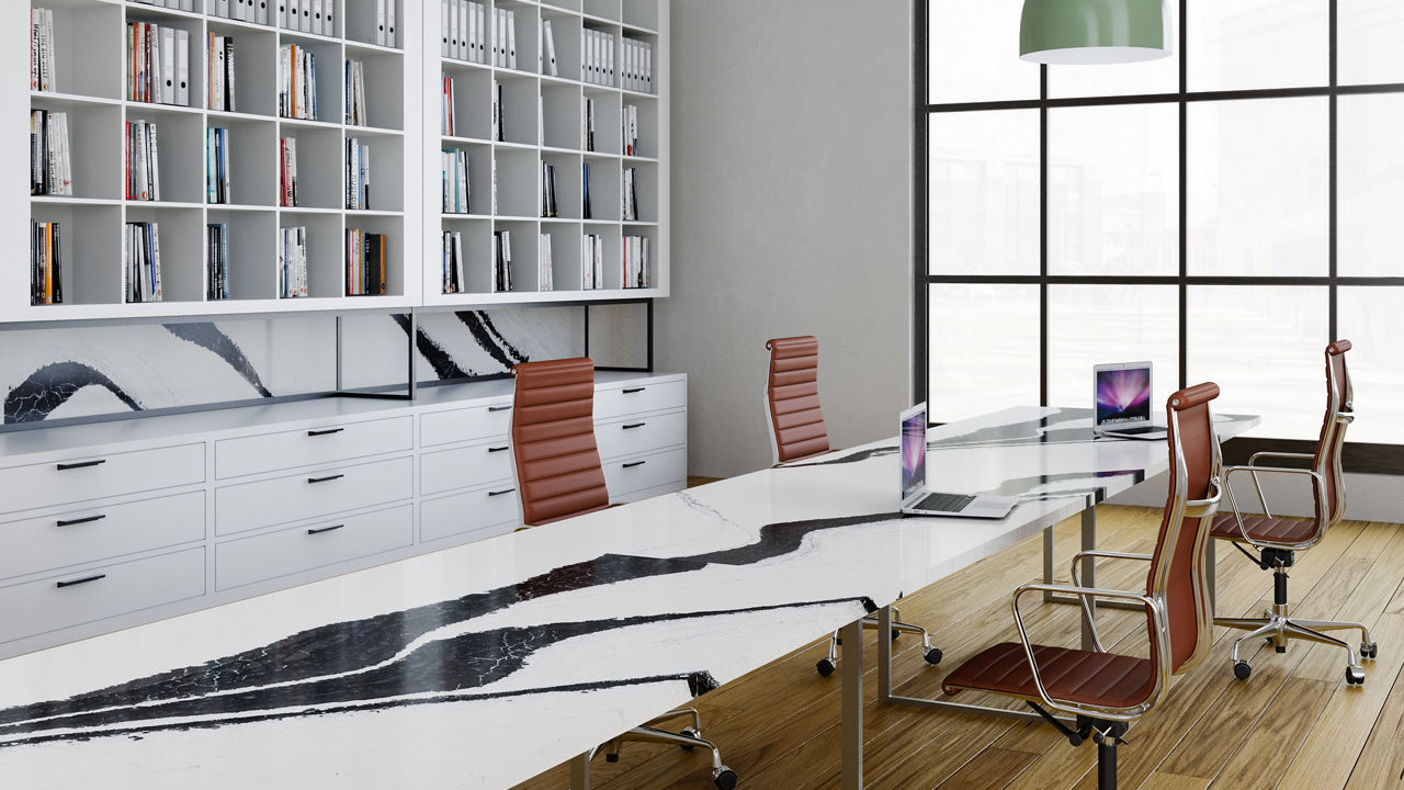 An office featuring a long table with a Cambria Bentley quartz countertop.