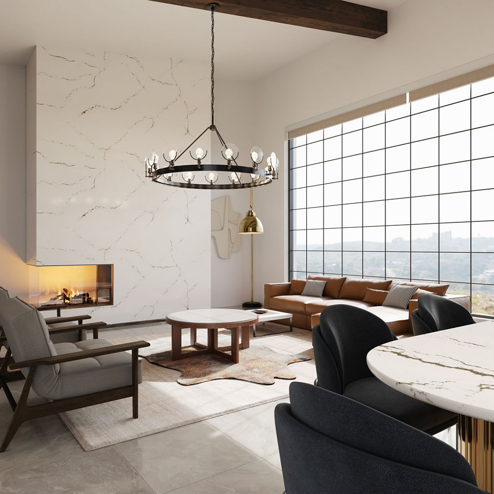 Living room with a fireplace and table featuring Cambria Berkshire Brass Satin Ridge quartz siding and countertops.