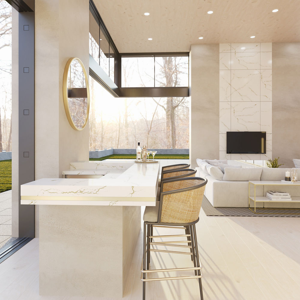 A living room featuring a bar counter and backsplash with featuring Cambria Berkshire Brass Sculpted quartz.