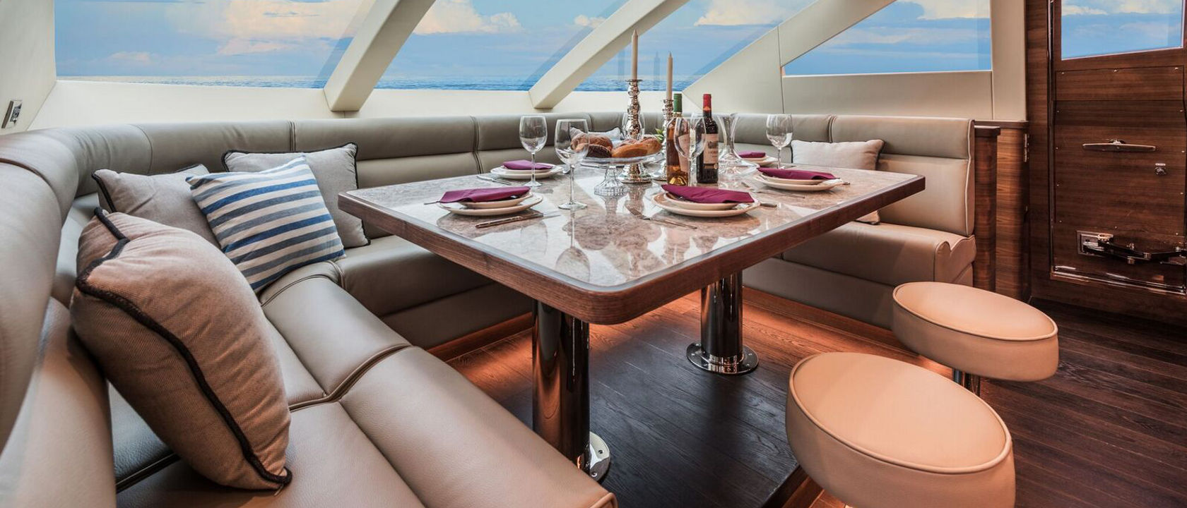Cambria Berwyn quartz dining table top in yacht dining room