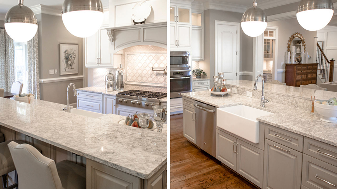 Two side-by-side images The left photo is a gray kitchen showing the kitchen counter and island with Cambria Berwyn quartz countertops. The right photo focuses on the kitchen island sink.