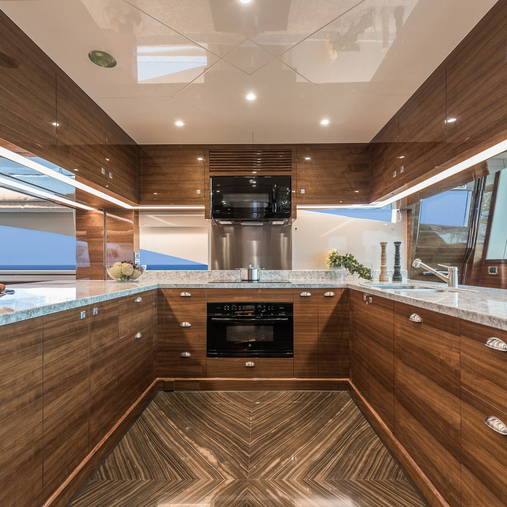 A Berwyn quartz countertop in a kitchen on a yacht