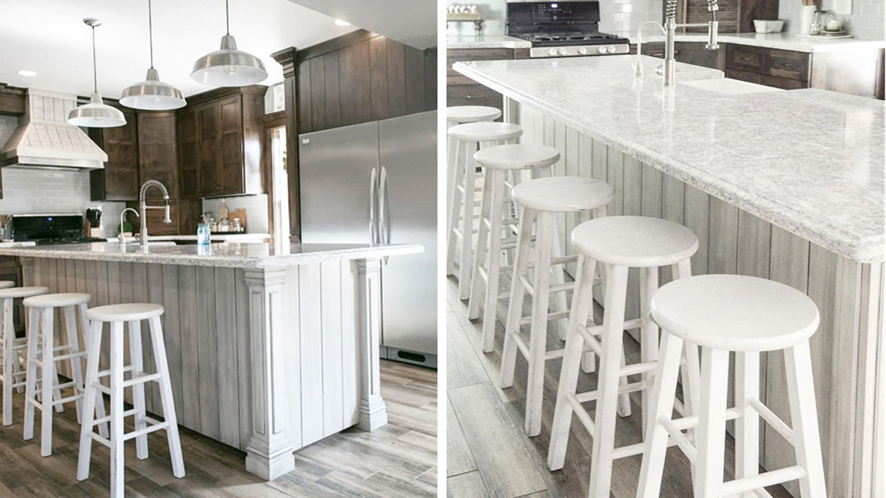Two side-by-side images. The left photo features a farmhouse kitchen. The right photo features six stools in front of a kitchen island with Cambria Berwyn quartz.