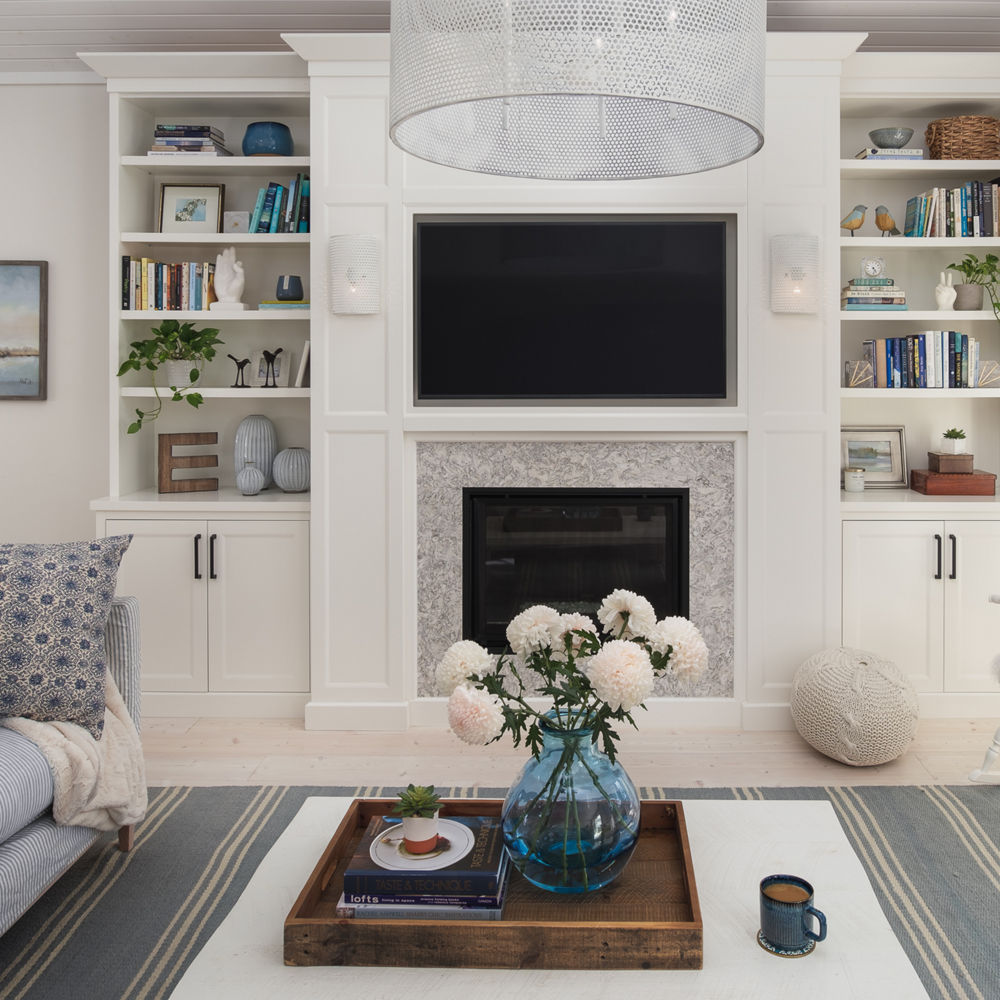 Cambria Berwyn quartz fireplace surround in living room