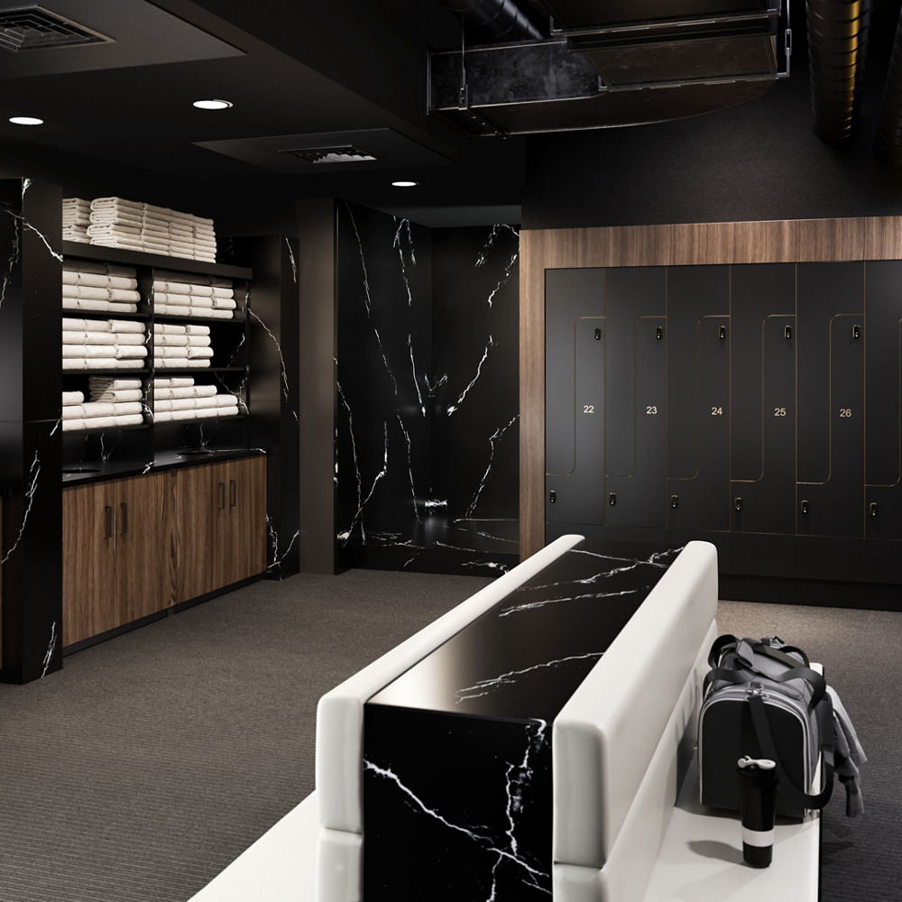 A locker room with Blackbrook quartz accents