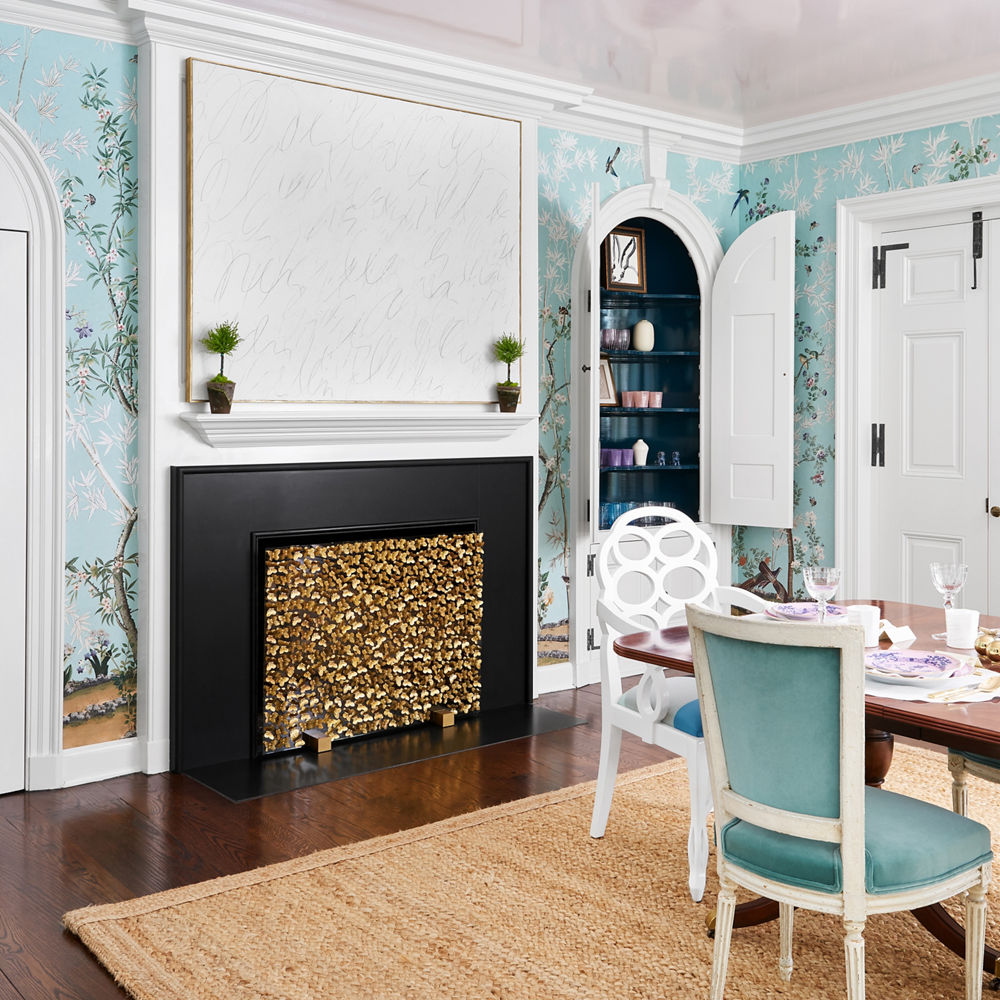 Cambria Blackpool Matte dining room fireplace surround featured in the Lake Forest Showhouse