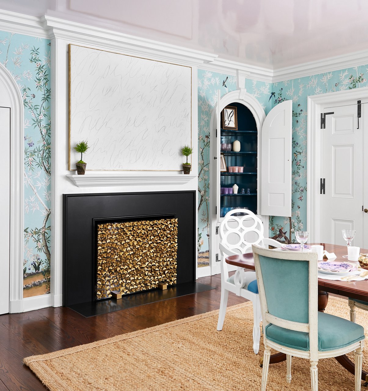 Cambria Blackpool Matte dining room fireplace surround featured in the Lake Forest Showhouse