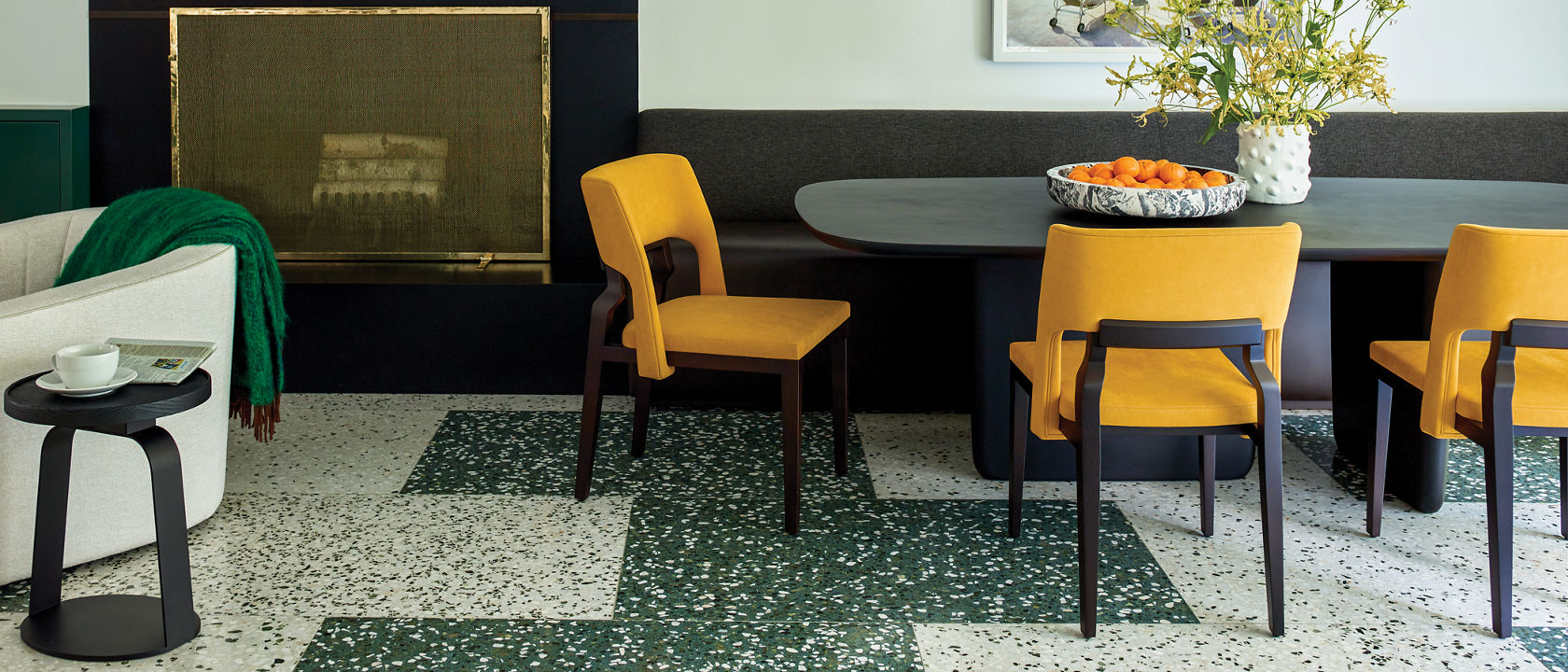 Cambria Blackpool Matte quartz dining room fireplace surround