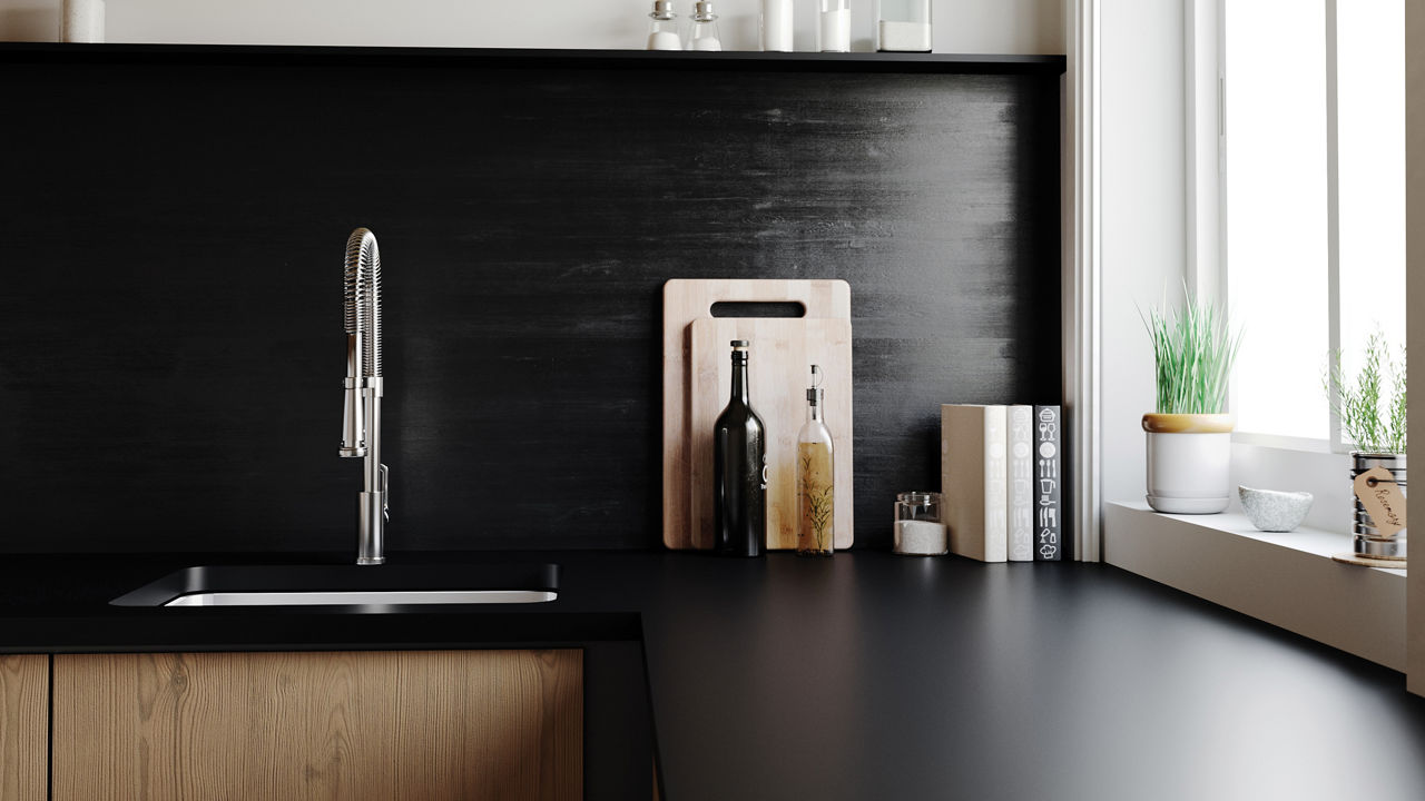 Black and white kitchen with oak cabinets and Blackpool Matte quartz countertops