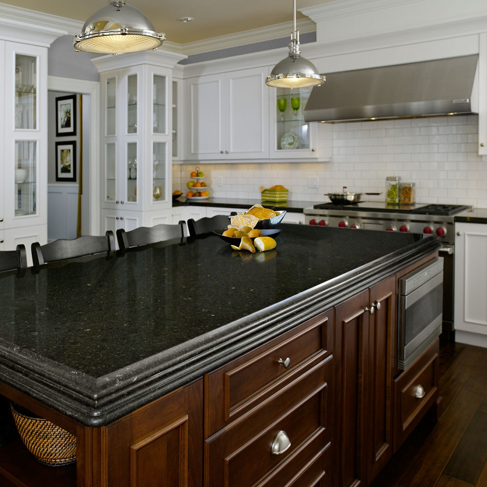 White kitchen with granite alternative Blackwood used for the kitchen island countertop