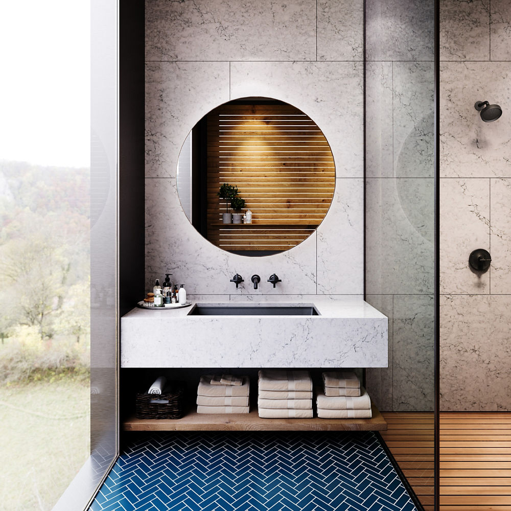 A bathroom backdrop featuring Cambria Bridport quartz.