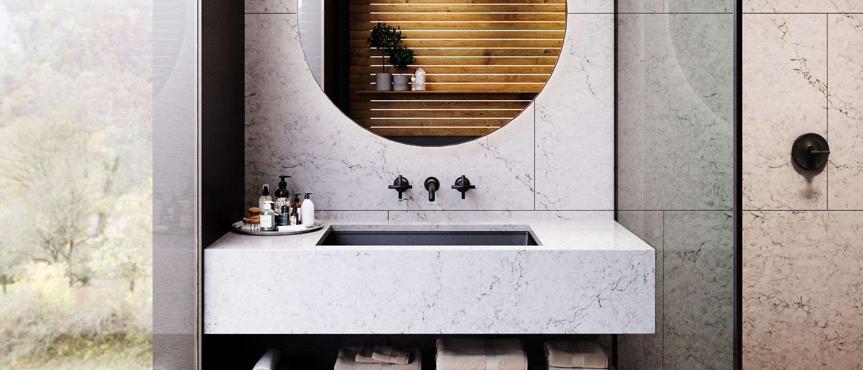 A bathroom backdrop featuring Cambria Bridport quartz.