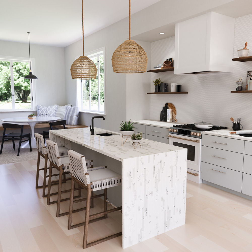 Kitchen featuring gray tones along its walls, cabinetry, countertops, and island siding.