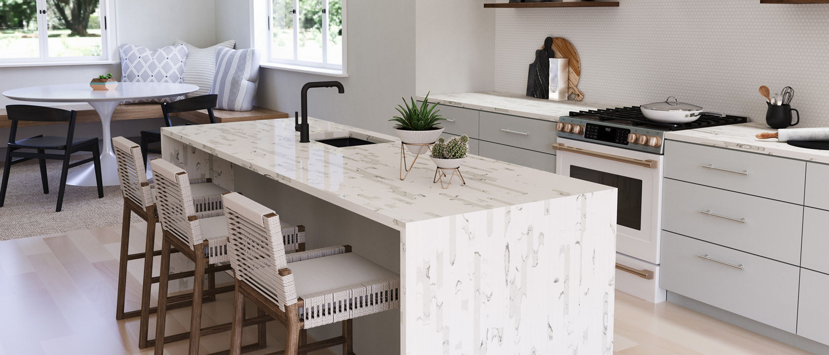 Kitchen featuring gray tones along its walls, cabinetry, countertops, and island siding.