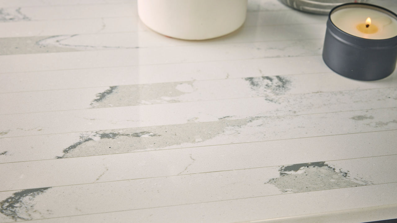 Detailed view of a Cambria Brittanicca Block quartz countertop.