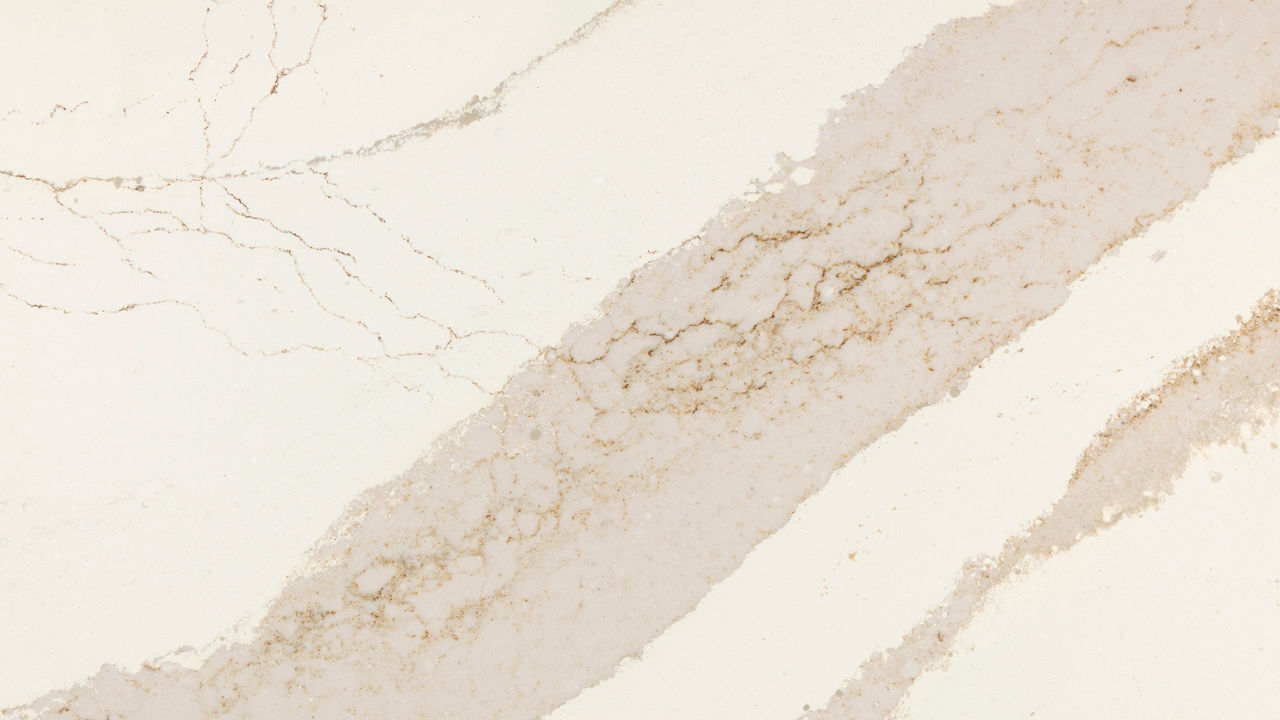 Detailed view of Cambria Brittanicca Gold Cool™ quartz countertop design