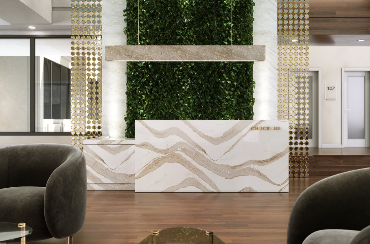 brittanicca gold cool quartz reception desk