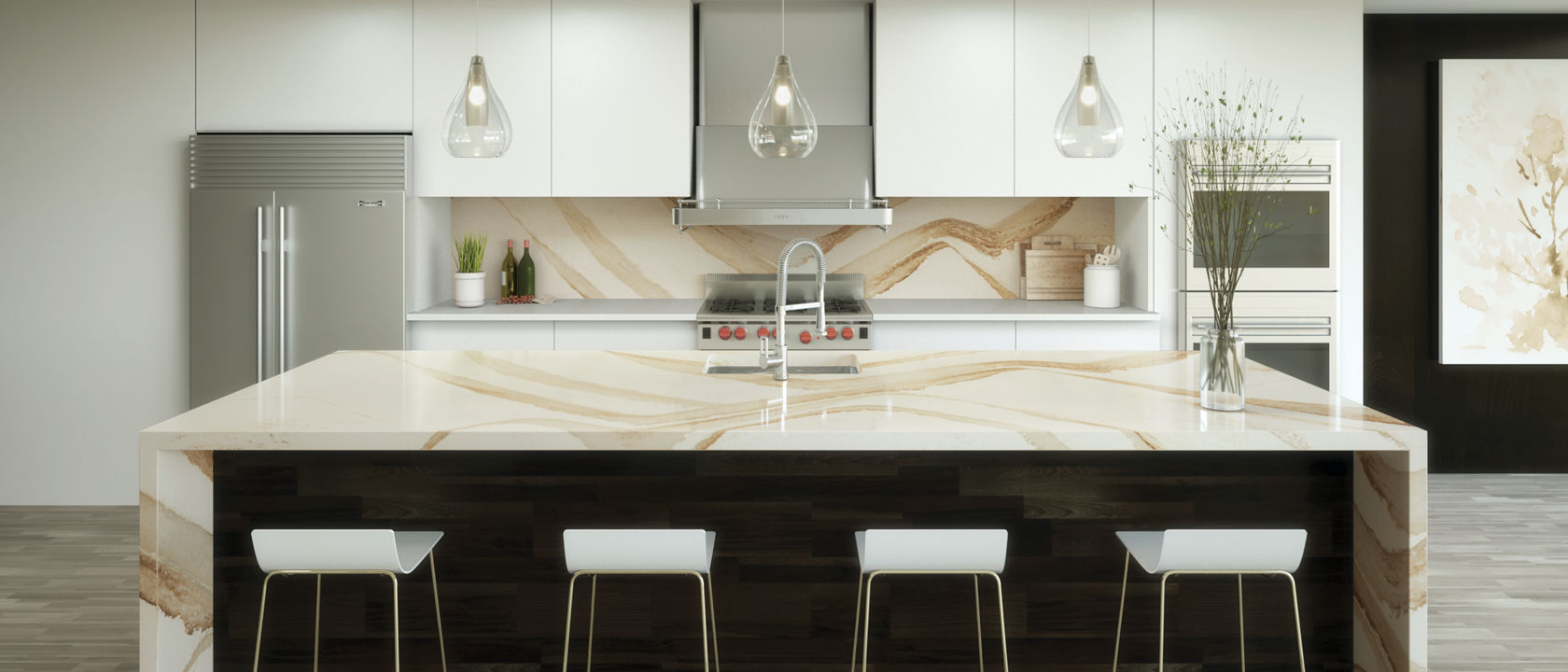 A modern kitchen with white cabinets and Brittanicca Gold Warm quartz countertops and backsplash
