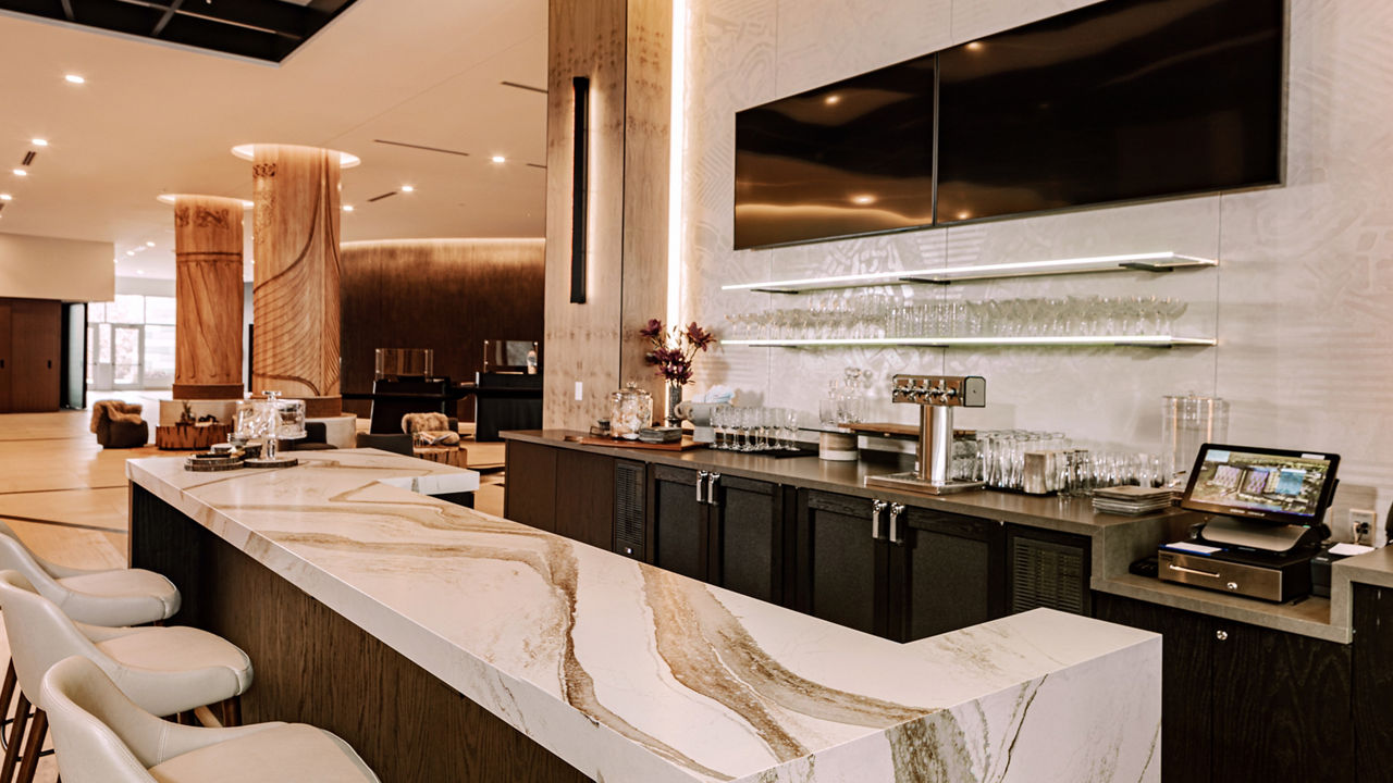 Cambria Brittanicca Gold Warm Matte Quartz Bar at the Omni Hotel Vikings Lakes