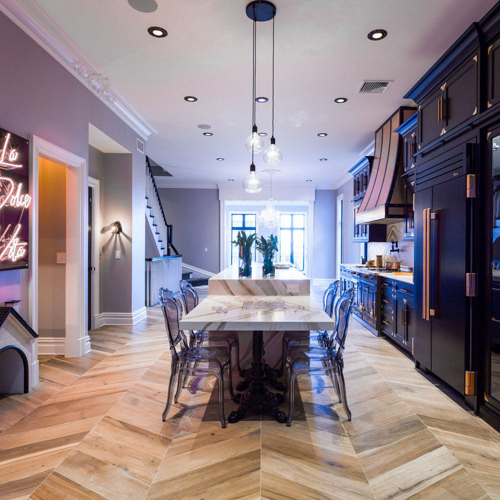 Cambria Brittanicca Gold Warm Matte quartz kitchen island countertop in kitchen designed by Vanessa DeLeon