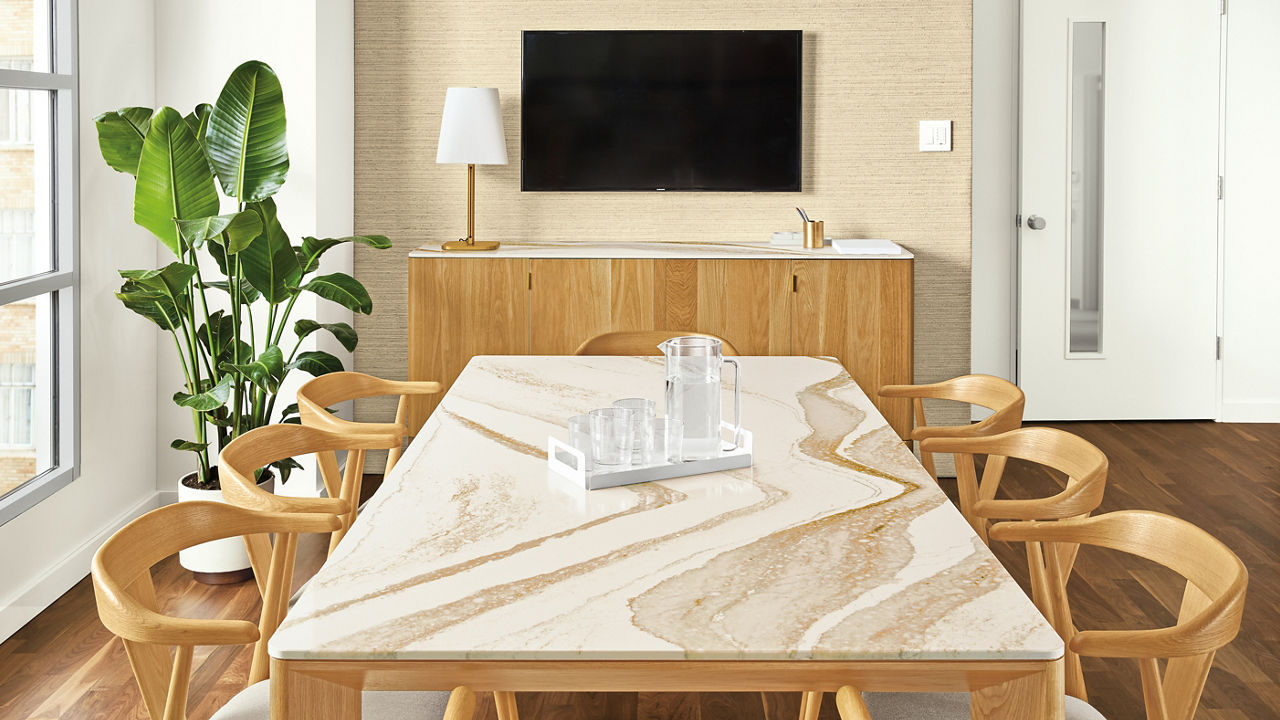 Cambria Brittanicca quartz tabletop in dining room