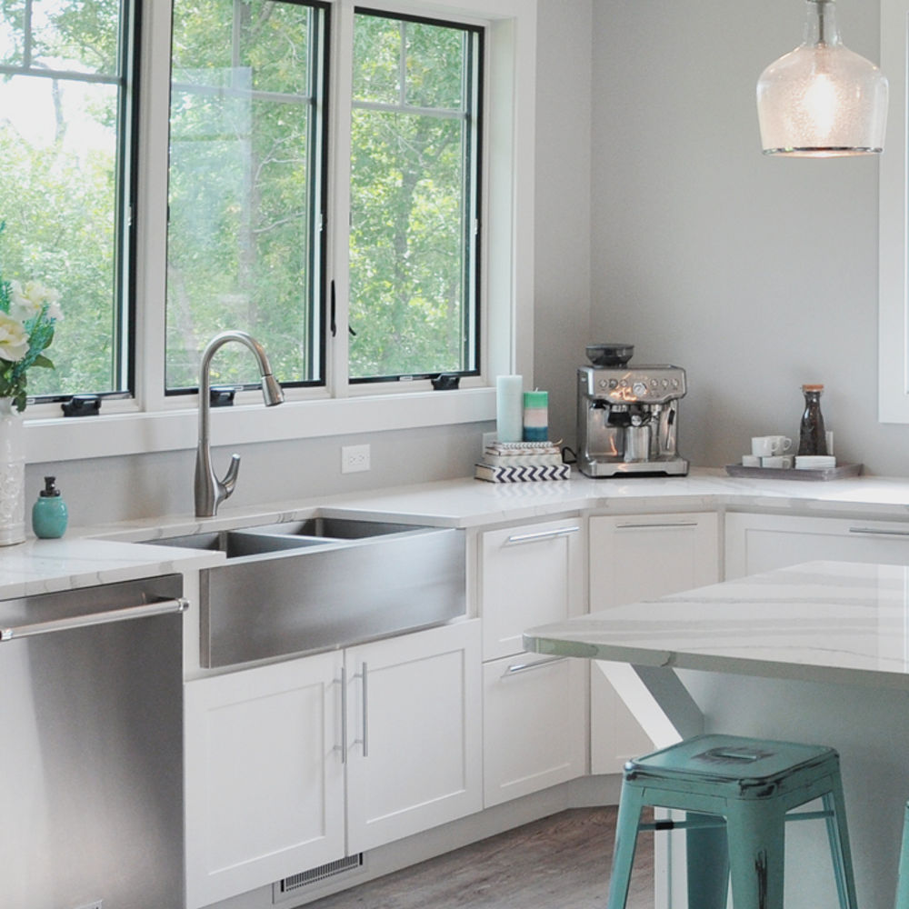 Gray Shelf Over Farmhouse Sink - Transitional - Kitchen