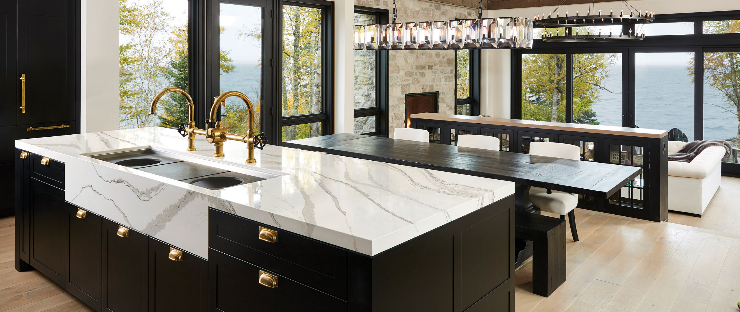 Cambria Brittanicca quartz kitchen island countertops.