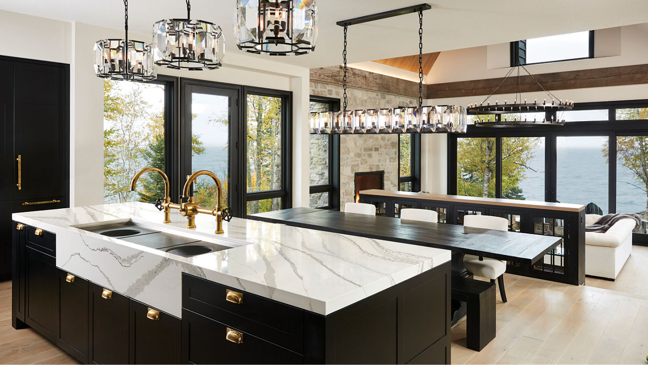 Cambria Brittanicca quartz kitchen island countertops.