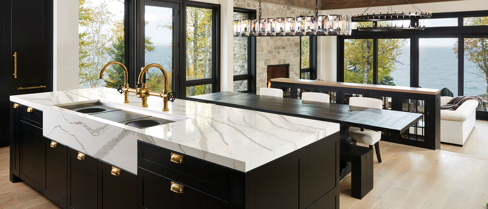 Cambria Brittanicca quartz kitchen island countertops.