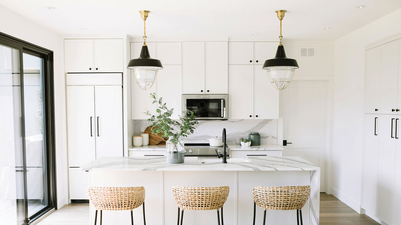 Cambria Brittanicca quartz kitchen waterfall island countertop