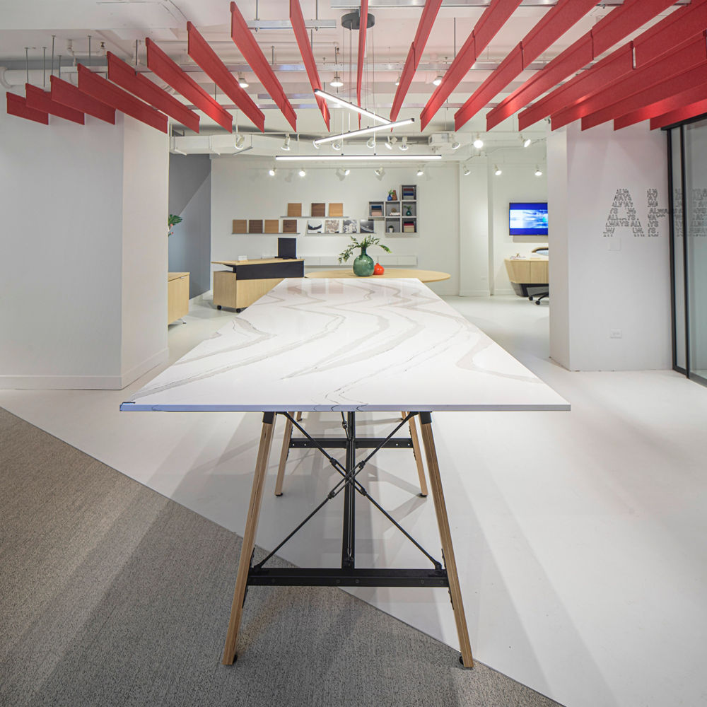 a unique table made from white quartz countertops