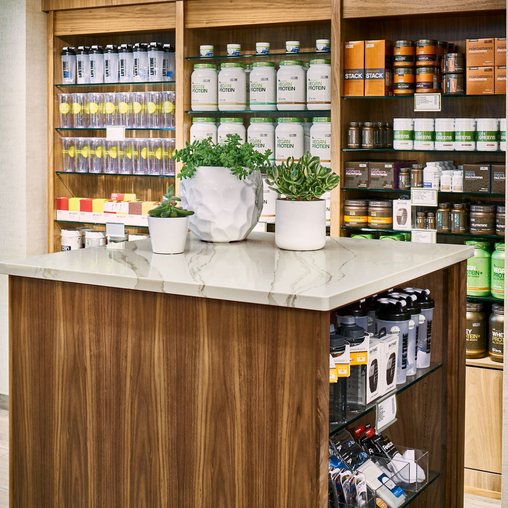 A Brittanicca Warm countertop in the Life Time Fitness cafe