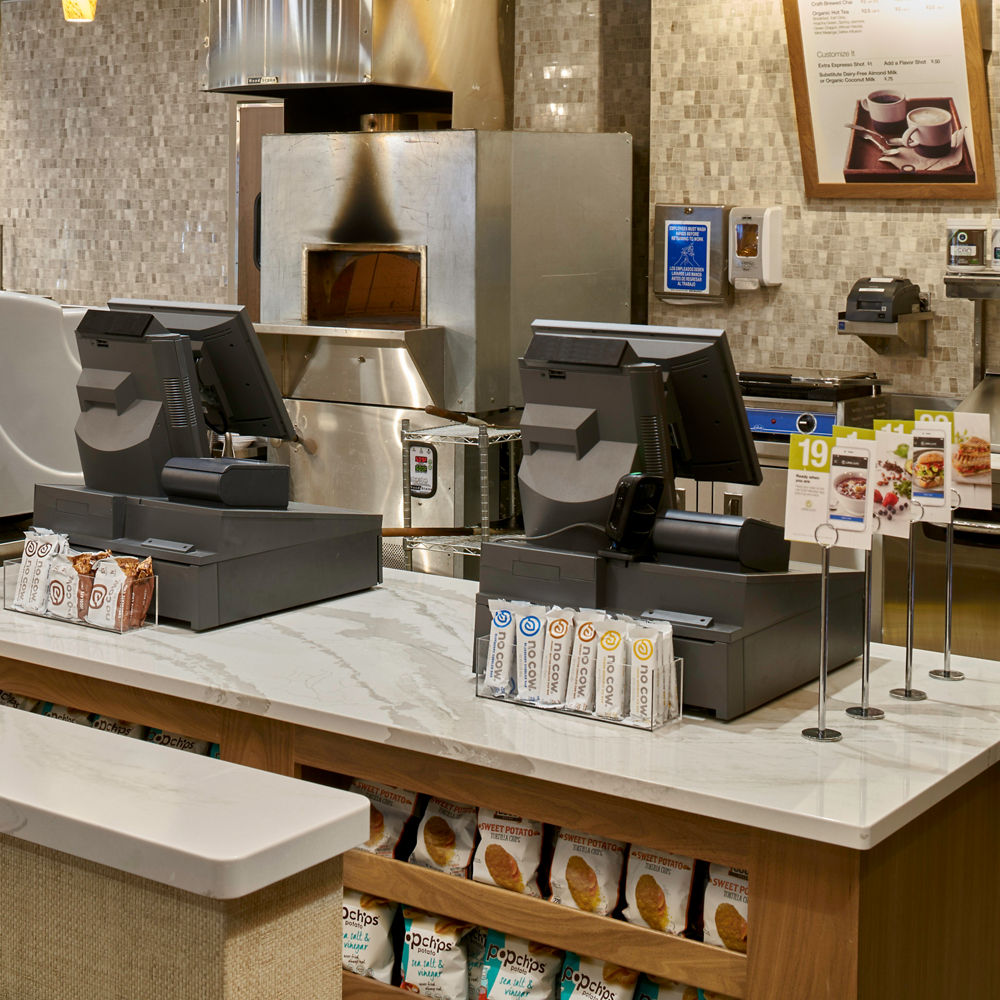 A Life Time Fitness café with a Cambria Brittanicca Warm quartz countertop.