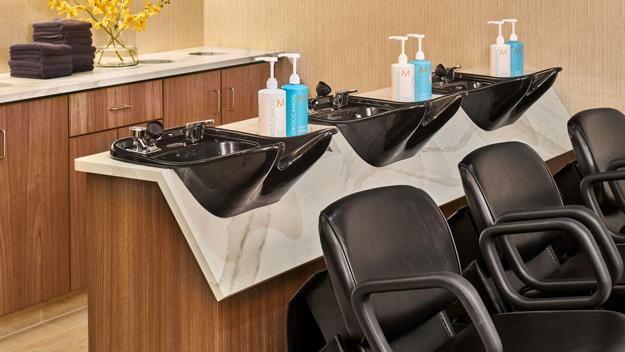 Hair sinks in the Life Time Fitness Salon with a Brittanicca Warm quartz top