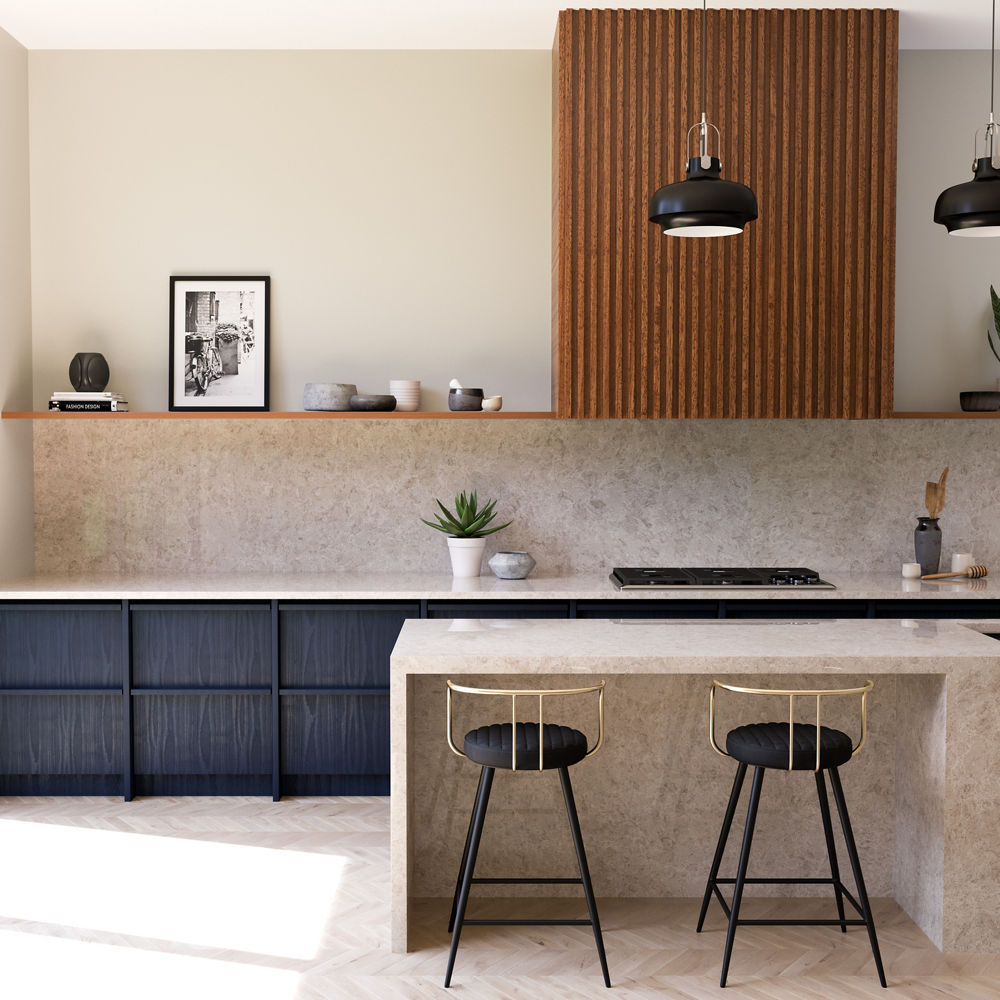 Kitchen beside a sliding door outside with a beige backsplash, island, and flooring.