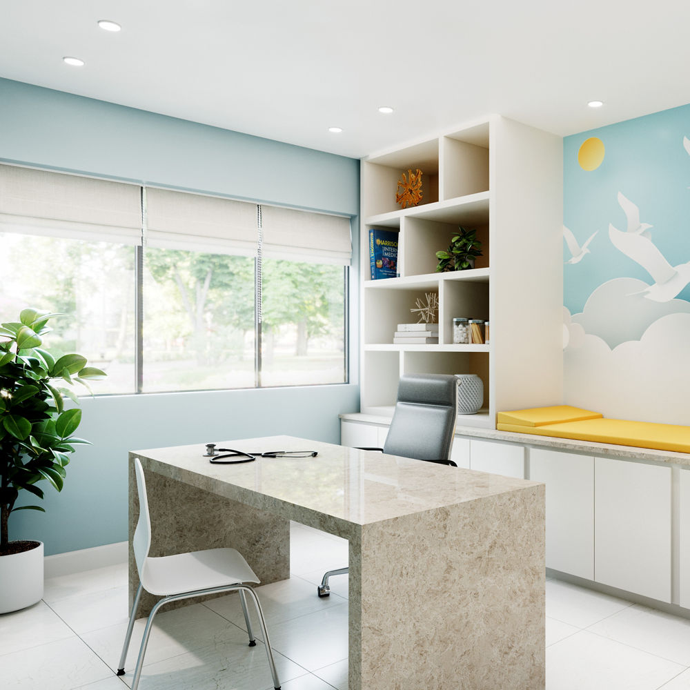 An office with a desk that has Cambria Buxton quartz countertops and siding.