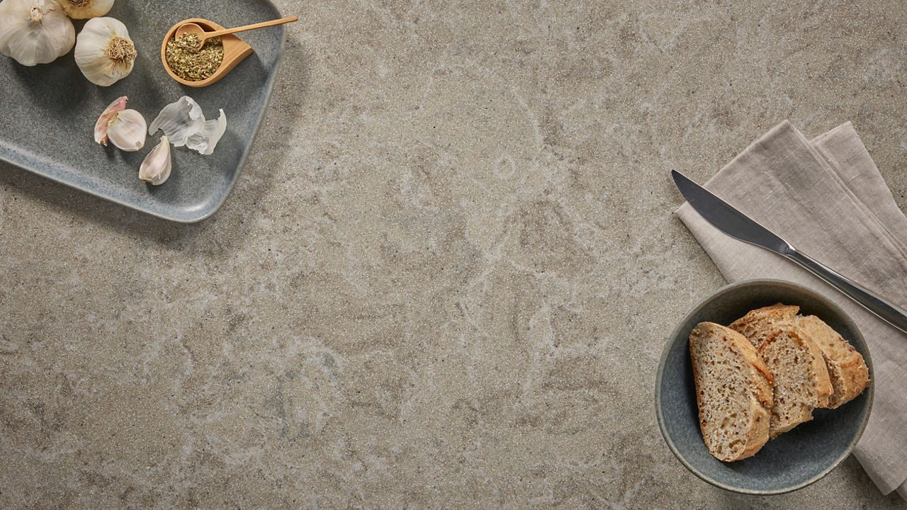 A top-down view of a Cambria Buxton quartz countertop.