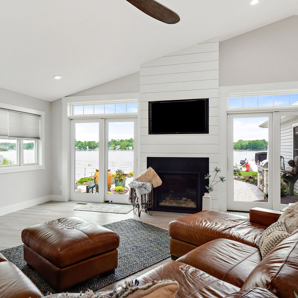Cambria Black Matte quartz fireplace surround in living room